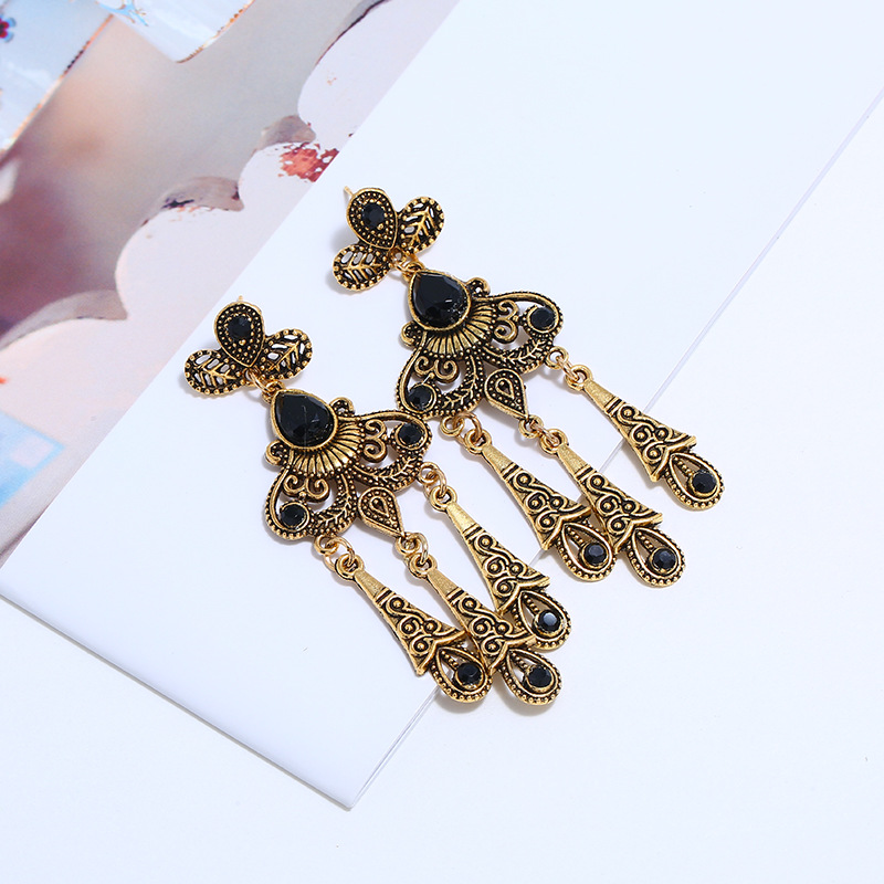 Retro Hollow Out Leaf Pattern Metal Tassel Earrings - Antique Gold