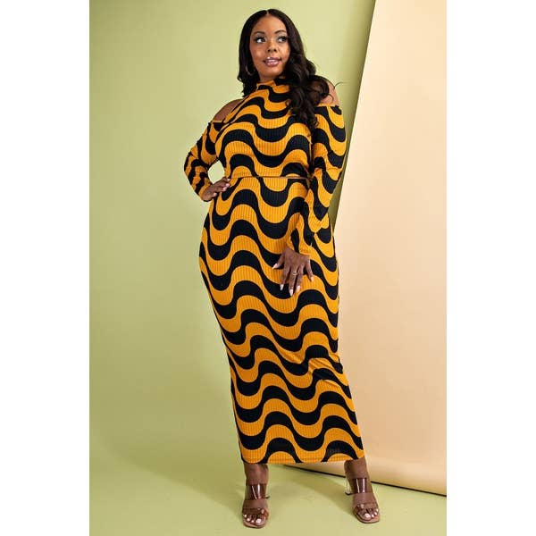 PLUS COLD SHOULDER TOP AND LONG SKIRT SET - MUSTARD/BLACK