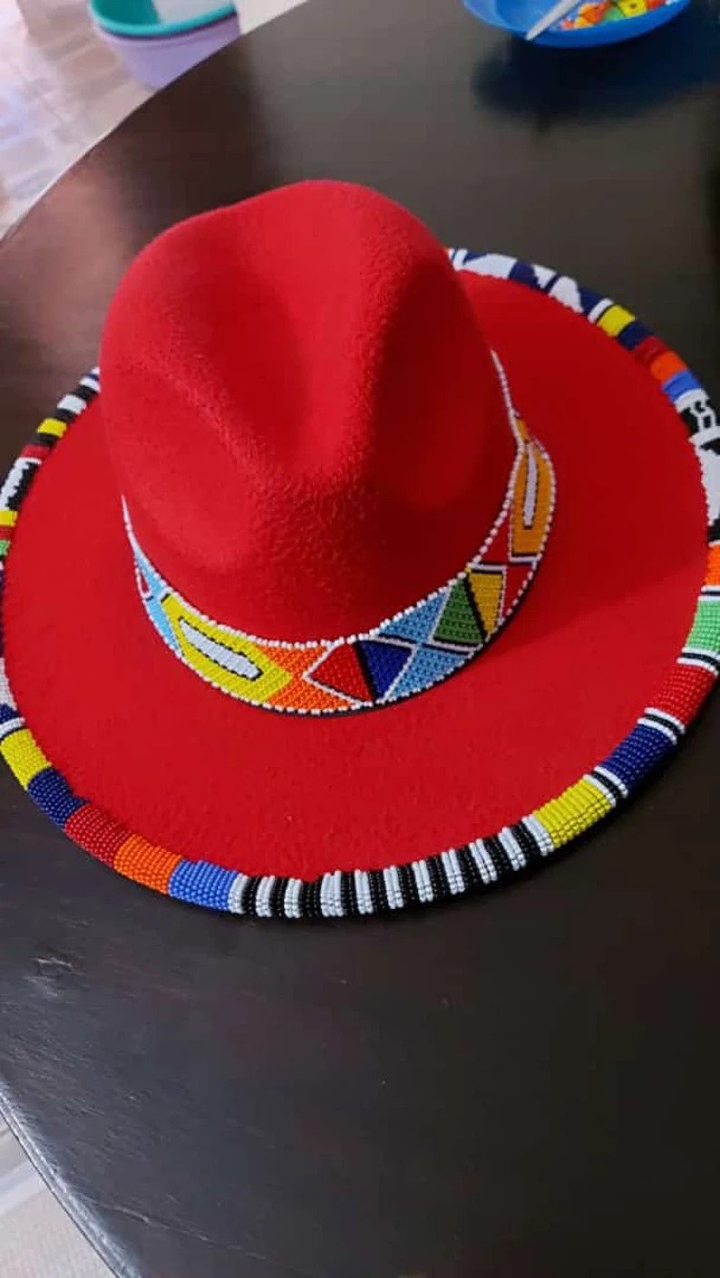 Zulu Beaded Fedora Hat (Doubled Layered) - Red Rainbow Beads