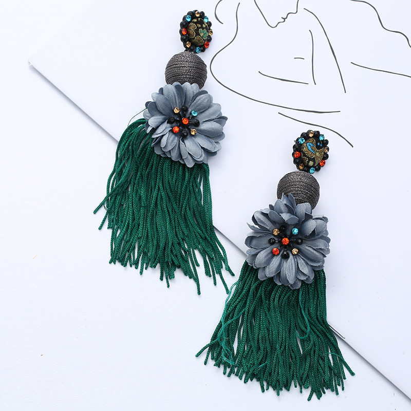 Bohemian Exaggerated Flower Shape Rhinestone Decoration Tassel Earrings