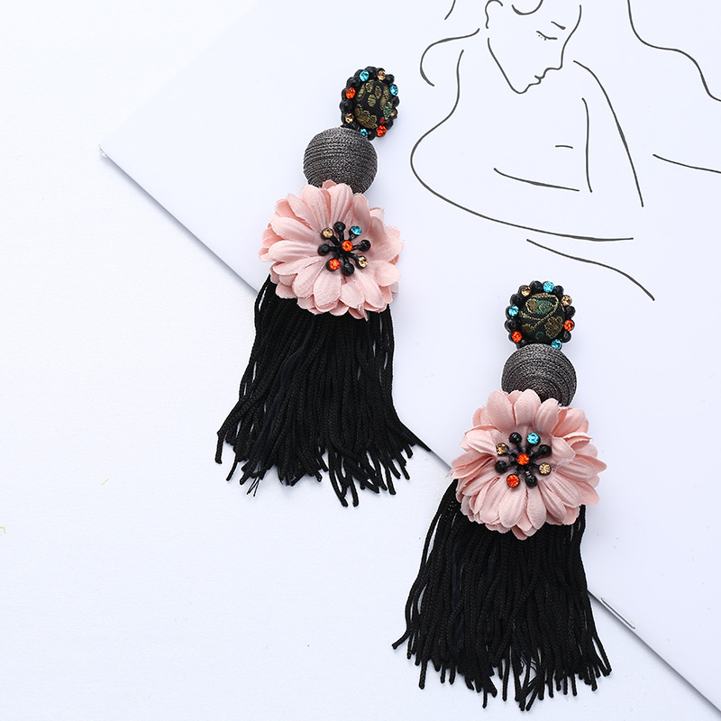 Bohemian Exaggerated Flower Shape Rhinestone Decoration Tassel Earrings