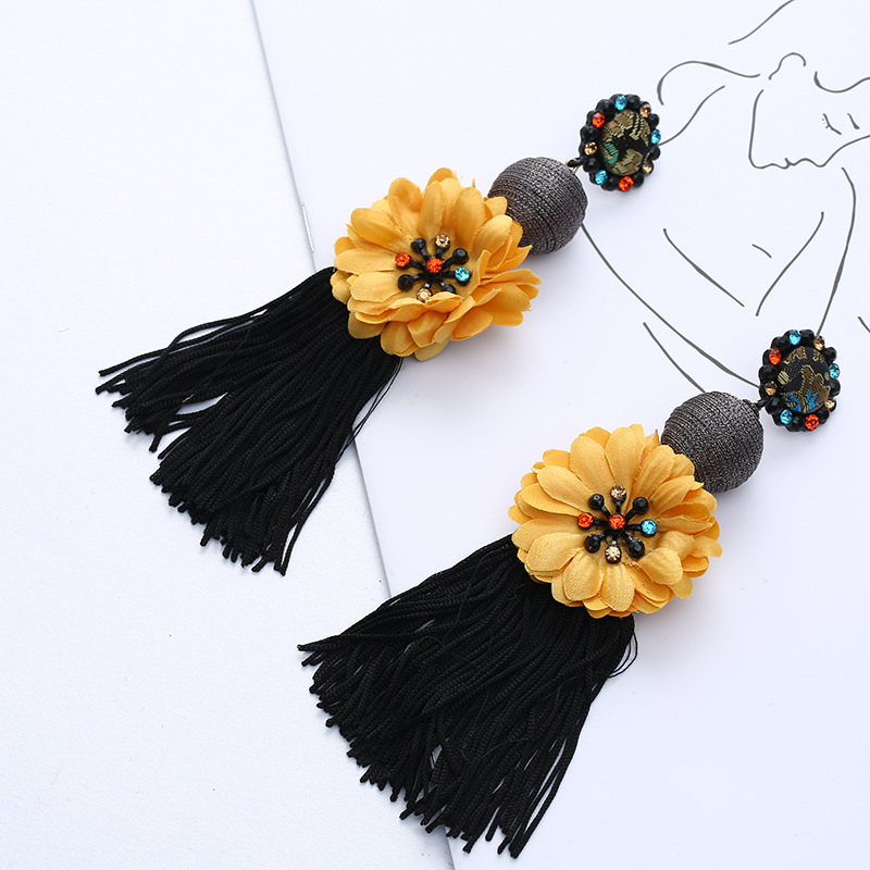 Bohemian Exaggerated Flower Shape Rhinestone Decoration Tassel Earrings
