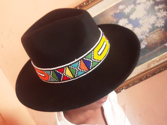 Zulu Beaded Fedora Hat - Black Rainbow Beads