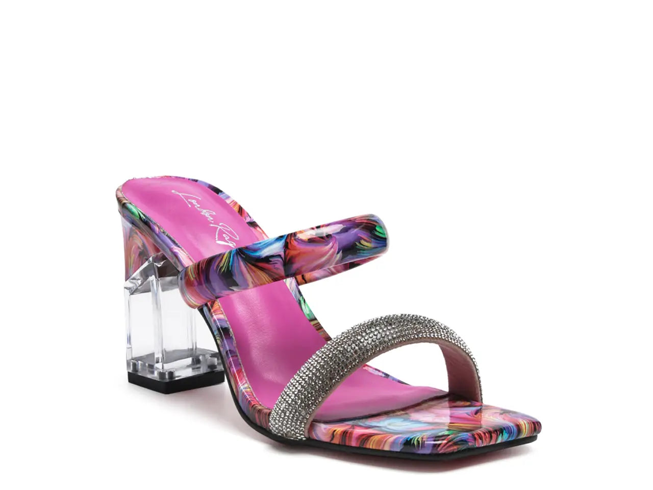 Clear Block-Heeled Marble Print Slides (PINK)