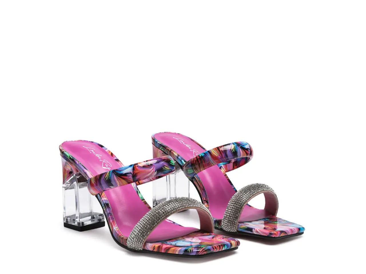 Clear Block-Heeled Marble Print Slides (PINK)