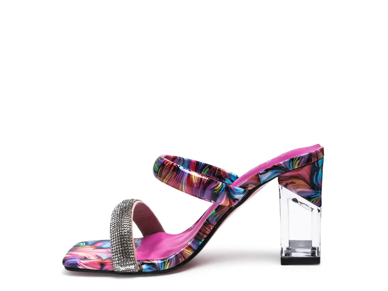 Clear Block-Heeled Marble Print Slides (PINK)